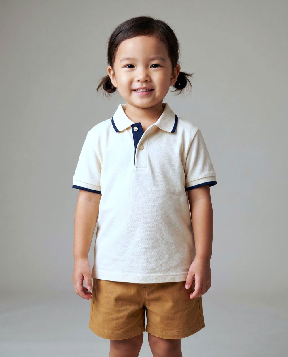 Niña con polo infantil ROOTS en tono crema